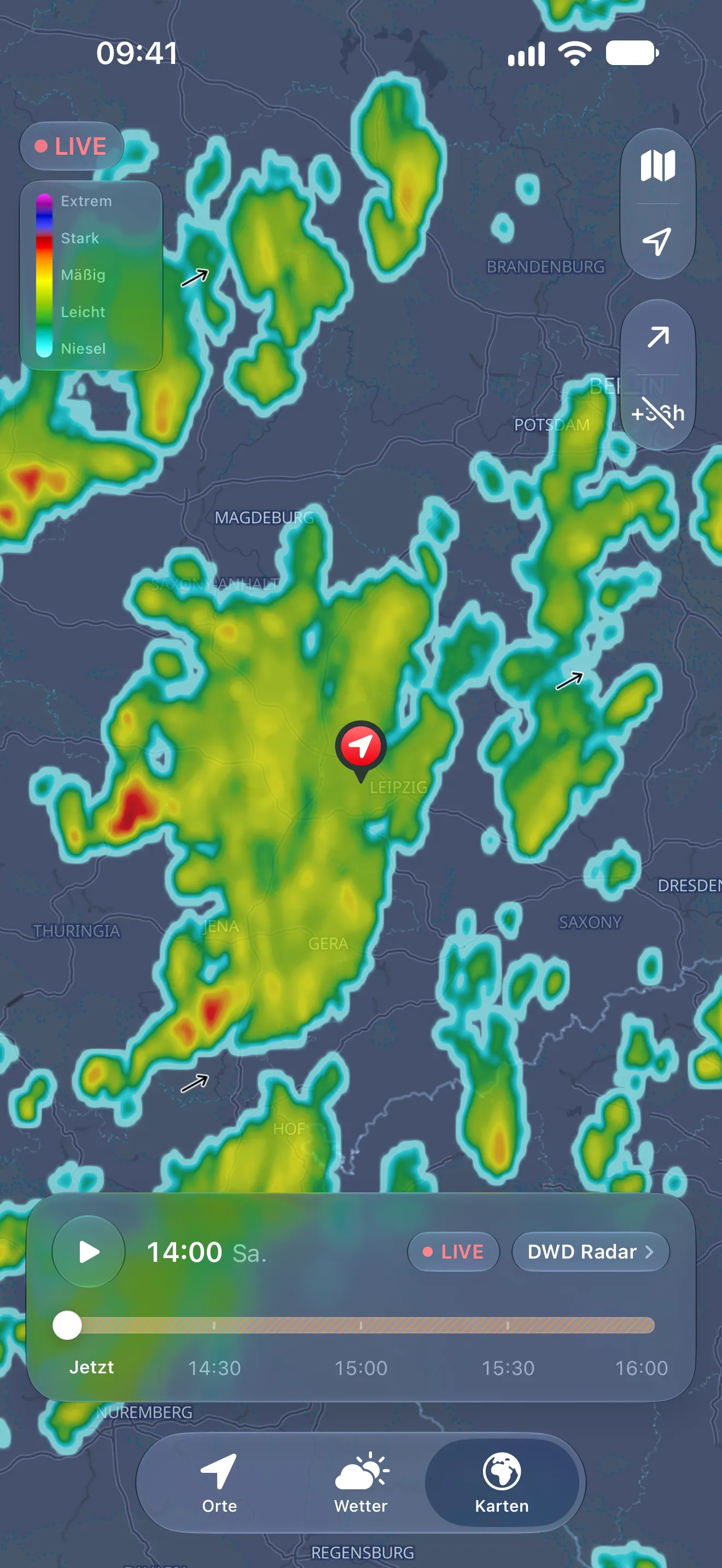 Regenradar über Deutschland mit abspielbarer Zeitleiste